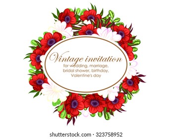 Vintage delicate invitation with flowers for wedding, marriage, bridal, birthday, Valentine's day. Romantic vector illustration.