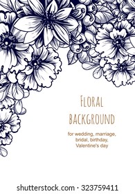 Vintage delicate invitation with flowers for wedding, marriage, bridal, birthday, Valentine's day. Romantic vector illustration.