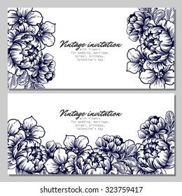 Vintage delicate invitation with flowers for wedding, marriage, bridal, birthday, Valentine's day. Romantic vector illustration.