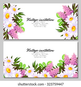 Vintage delicate invitation with flowers for wedding, marriage, bridal, birthday, Valentine's day. Romantic vector illustration.