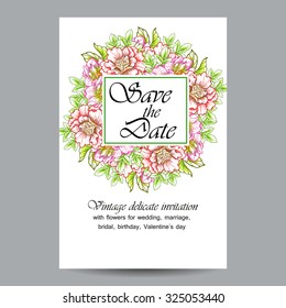 Vintage delicate invitation with flowers for wedding, marriage, bridal, birthday, Valentine's day. Romantic vector illustration.