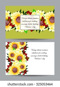 Vintage delicate invitation with flowers for wedding, marriage, bridal, birthday, Valentine's day. Romantic vector illustration.