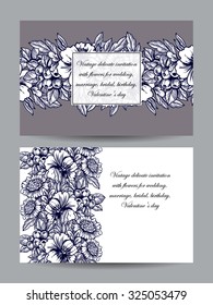 Vintage delicate invitation with flowers for wedding, marriage, bridal, birthday, Valentine's day. Romantic vector illustration.