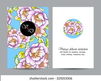 Vintage delicate invitation with flowers for wedding, marriage, bridal, birthday, Valentine's day. Romantic vector illustration.
