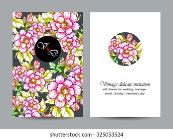 Vintage delicate invitation with flowers for wedding, marriage, bridal, birthday, Valentine's day. Romantic vector illustration.
