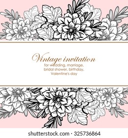 Vintage delicate invitation with flowers for wedding, marriage, bridal, birthday, Valentine's day. Romantic vector illustration.