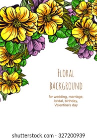 Vintage delicate invitation with flowers for wedding, marriage, bridal, birthday, Valentine's day. Romantic vector illustration.