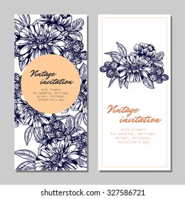Vintage delicate invitation with flowers for wedding, marriage, bridal, birthday, Valentine's day. Romantic vector illustration.