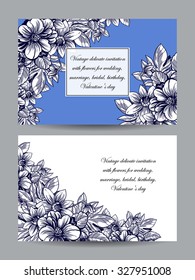 Vintage delicate invitation with flowers for wedding, marriage, bridal, birthday, Valentine's day. Romantic vector illustration.