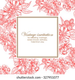 Vintage delicate invitation with flowers for wedding, marriage, bridal, birthday, Valentine's day. Romantic vector illustration.