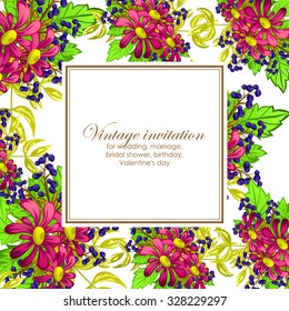 Vintage delicate invitation with flowers for wedding, marriage, bridal, birthday, Valentine's day. Romantic vector illustration.