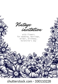 Vintage delicate invitation with flowers for wedding, marriage, bridal, birthday, Valentine's day. Romantic vector illustration.