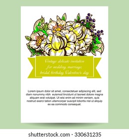 Vintage delicate invitation with flowers for wedding, marriage, bridal, birthday, Valentine's day. Romantic vector illustration.