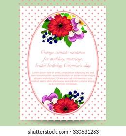 Vintage delicate invitation with flowers for wedding, marriage, bridal, birthday, Valentine's day. Romantic vector illustration.