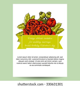 Vintage delicate invitation with flowers for wedding, marriage, bridal, birthday, Valentine's day. Romantic vector illustration.