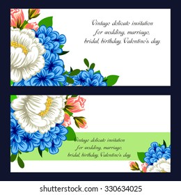 Vintage delicate invitation with flowers for wedding, marriage, bridal, birthday, Valentine's day. 