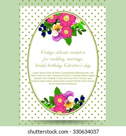 Vintage delicate invitation with flowers for wedding, marriage, bridal, birthday, Valentine's day. 