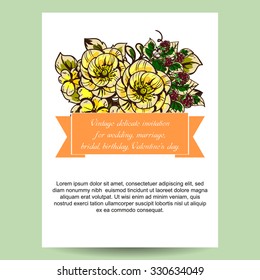 Vintage delicate invitation with flowers for wedding, marriage, bridal, birthday, Valentine's day. 