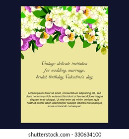 Vintage delicate invitation with flowers for wedding, marriage, bridal, birthday, Valentine's day. 