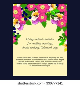 Vintage delicate invitation with flowers for wedding, marriage, bridal, birthday, Valentine's day. Romantic vector illustration.