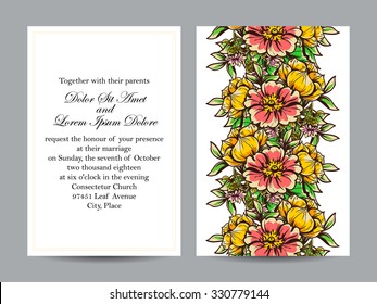 Vintage delicate invitation with flowers for wedding, marriage, bridal, birthday, Valentine's day. Romantic vector illustration.