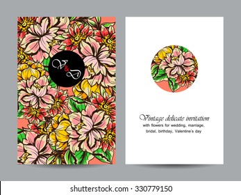 Vintage delicate invitation with flowers for wedding, marriage, bridal, birthday, Valentine's day. Romantic vector illustration.
