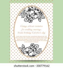 Vintage delicate invitation with flowers for wedding, marriage, bridal, birthday, Valentine's day. Romantic vector illustration.