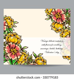 Vintage delicate invitation with flowers for wedding, marriage, bridal, birthday, Valentine's day. Romantic vector illustration.