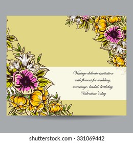 Vintage delicate invitation with flowers for wedding, marriage, bridal, birthday, Valentine's day. Romantic vector illustration.