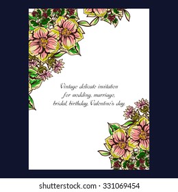 Vintage delicate invitation with flowers for wedding, marriage, bridal, birthday, Valentine's day. Romantic vector illustration.