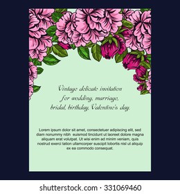 Vintage delicate invitation with flowers for wedding, marriage, bridal, birthday, Valentine's day. Romantic vector illustration.