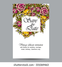 Vintage delicate invitation with flowers for wedding, marriage, bridal, birthday, Valentine's day. Romantic vector illustration.