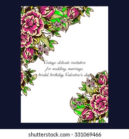 Vintage delicate invitation with flowers for wedding, marriage, bridal, birthday, Valentine's day. Romantic vector illustration. Vintage delicate invitation with flowers for wedding, marriage, bridal, birthday, Valentine's day. Romantic vector illustration.