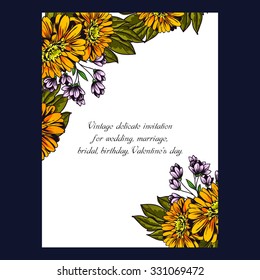 Vintage delicate invitation with flowers for wedding, marriage, bridal, birthday, Valentine's day. Romantic vector illustration.