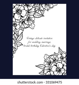 Vintage delicate invitation with flowers for wedding, marriage, bridal, birthday, Valentine's day. Romantic vector illustration.