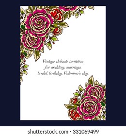 Vintage delicate invitation with flowers for wedding, marriage, bridal, birthday, Valentine's day. Romantic vector illustration.