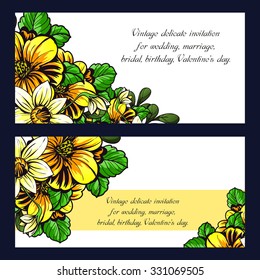 Vintage delicate invitation with flowers for wedding, marriage, bridal, birthday, Valentine's day. Romantic vector illustration.