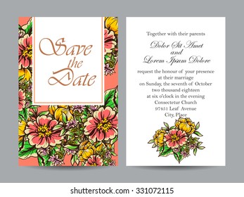 Vintage delicate invitation with flowers for wedding, marriage, bridal, birthday, Valentine's day. Romantic vector illustration.