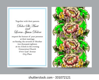 Vintage delicate invitation with flowers for wedding, marriage, bridal, birthday, Valentine's day. Romantic vector illustration.