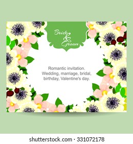Vintage delicate invitation with flowers for wedding, marriage, bridal, birthday, Valentine's day. Romantic vector illustration.