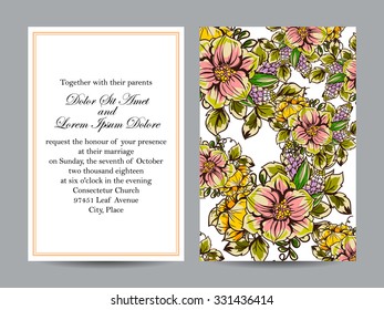 Vintage delicate invitation with flowers for wedding, marriage, bridal, birthday, Valentine's day. Romantic vector illustration