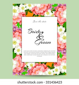 Vintage delicate invitation with flowers for wedding, marriage, bridal, birthday, Valentine's day. Romantic vector illustration