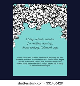 Vintage delicate invitation with flowers for wedding, marriage, bridal, birthday, Valentine's day. Romantic vector illustration