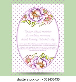 Vintage delicate invitation with flowers for wedding, marriage, bridal, birthday, Valentine's day. Romantic vector illustration