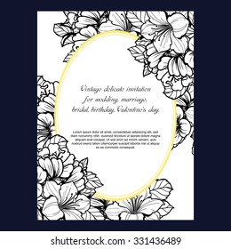 Vintage delicate invitation with flowers for wedding, marriage, bridal, birthday, Valentine's day. Romantic vector illustration
