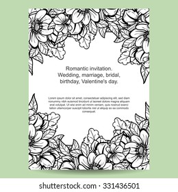 Vintage delicate invitation with flowers for wedding, marriage, bridal, birthday, Valentine's day. Romantic vector illustration