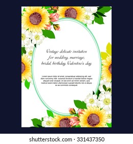 Vintage delicate invitation with flowers for wedding, marriage, bridal, birthday, Valentine's day. Romantic vector illustration.