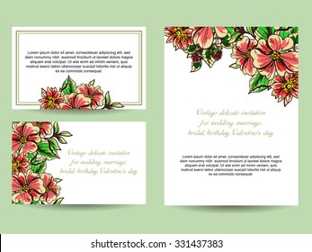 Vintage delicate invitation with flowers for wedding, marriage, bridal, birthday, Valentine's day. Romantic vector illustration.