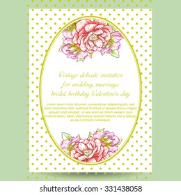 Vintage delicate invitation with flowers for wedding, marriage, bridal, birthday, Valentine's day. Romantic vector illustration.