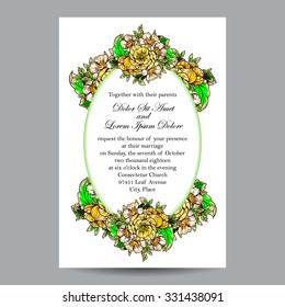 Vintage delicate invitation with flowers for wedding, marriage, bridal, birthday, Valentine's day. Romantic vector illustration.